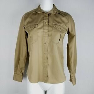 Bill Blass Women's Shirt Size 6 Tan‎ Button Up Embroidered Pocket Long Sleeve